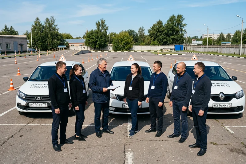 Руководитель автошколы и группа инструкторов
