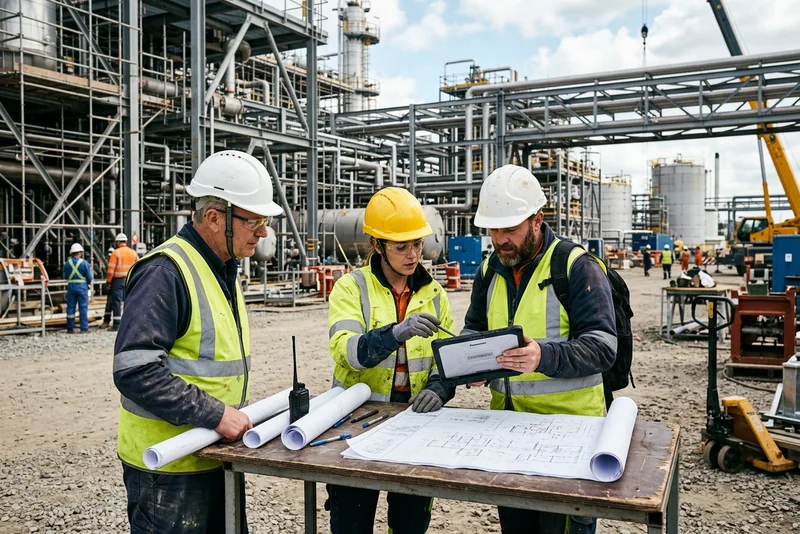 Инженеры с проектной документацией на строительстве объекта нефтегаза